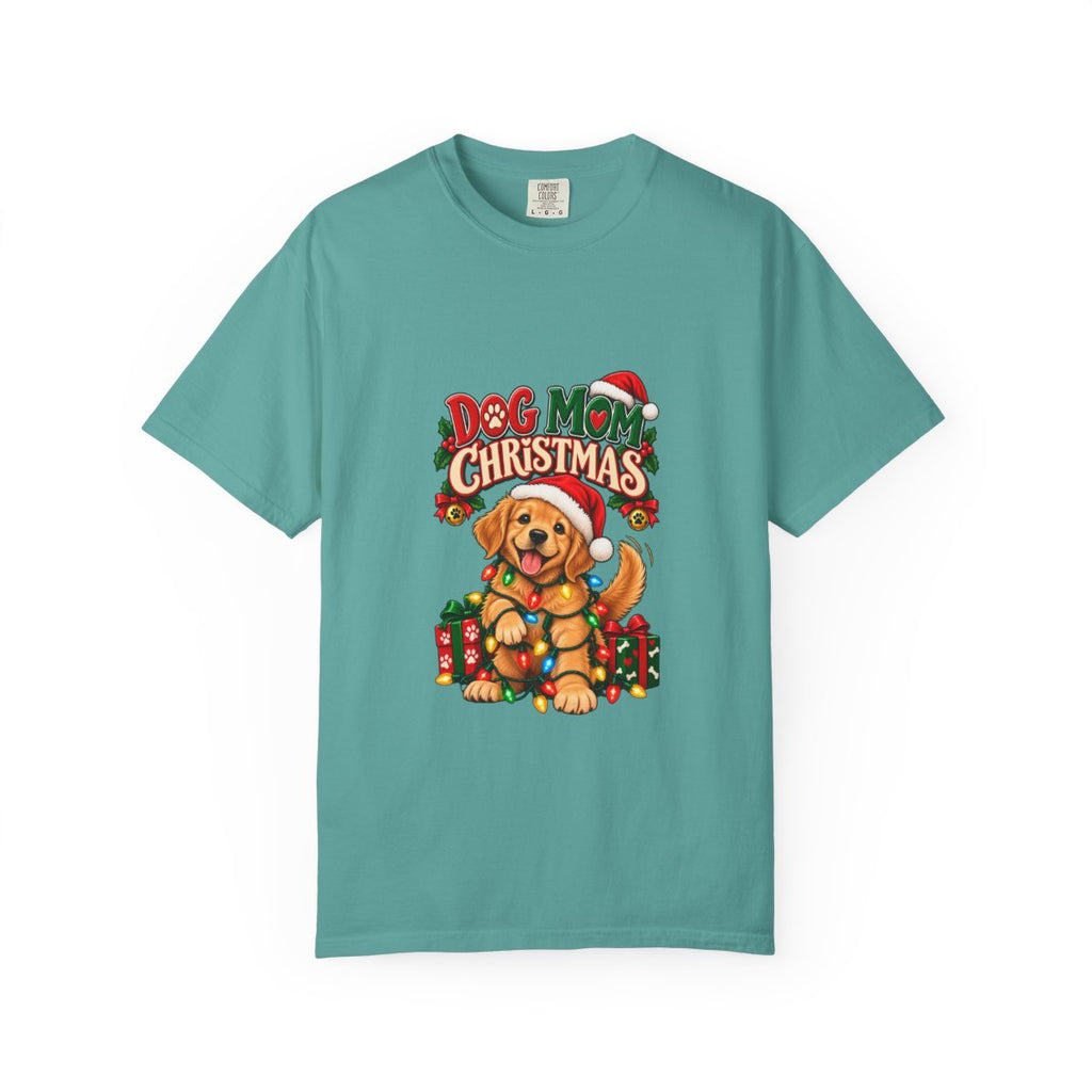 Dog Mom Christmas T-Shirt | Golden Retriever with Lights and Gifts