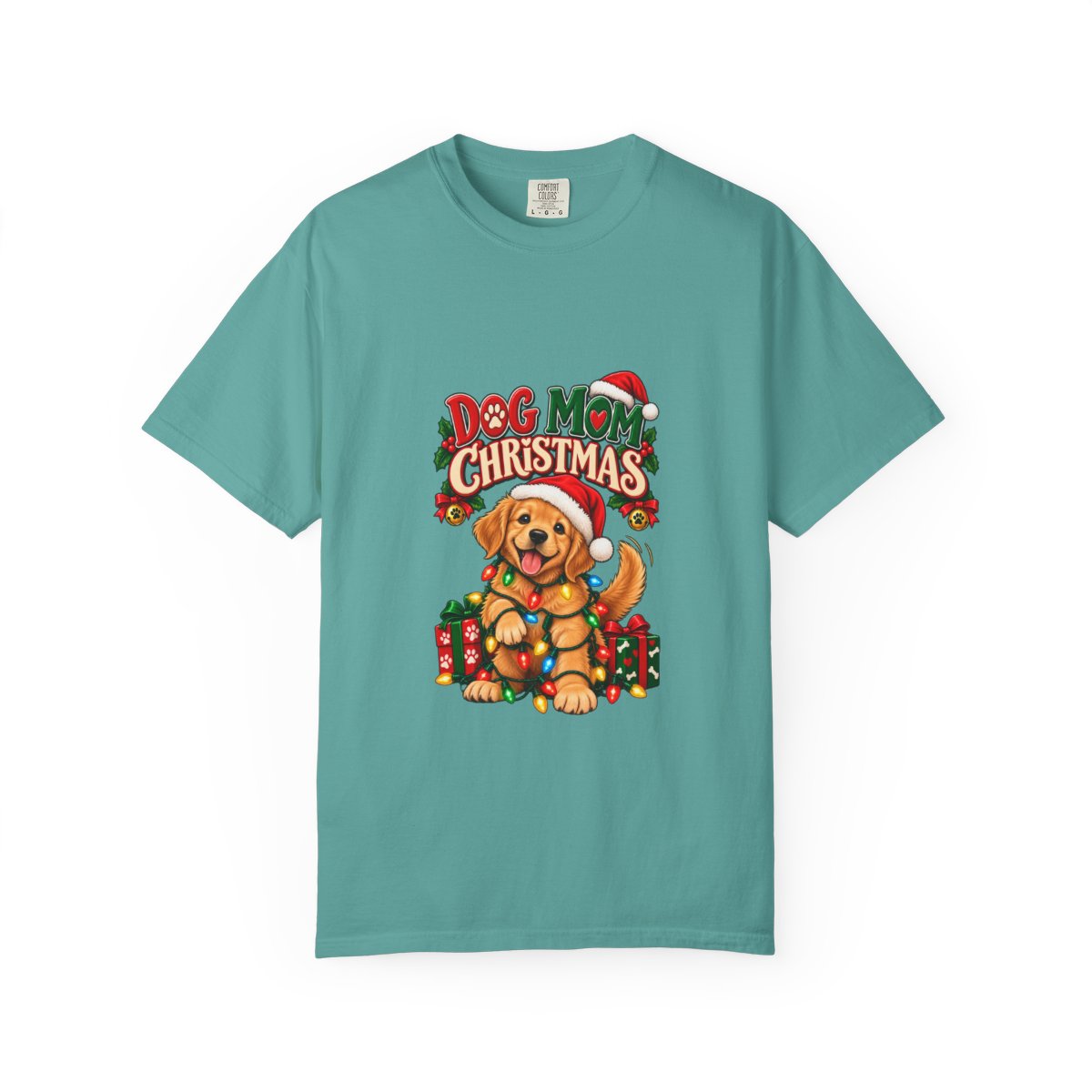 Dog Mom Christmas T-Shirt | Golden Retriever with Lights and Gifts