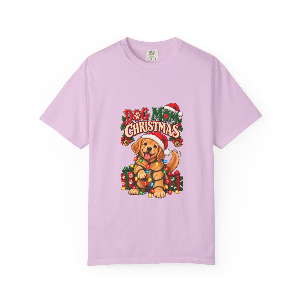 Dog Mom Christmas T-Shirt | Golden Retriever with Lights and Gifts
