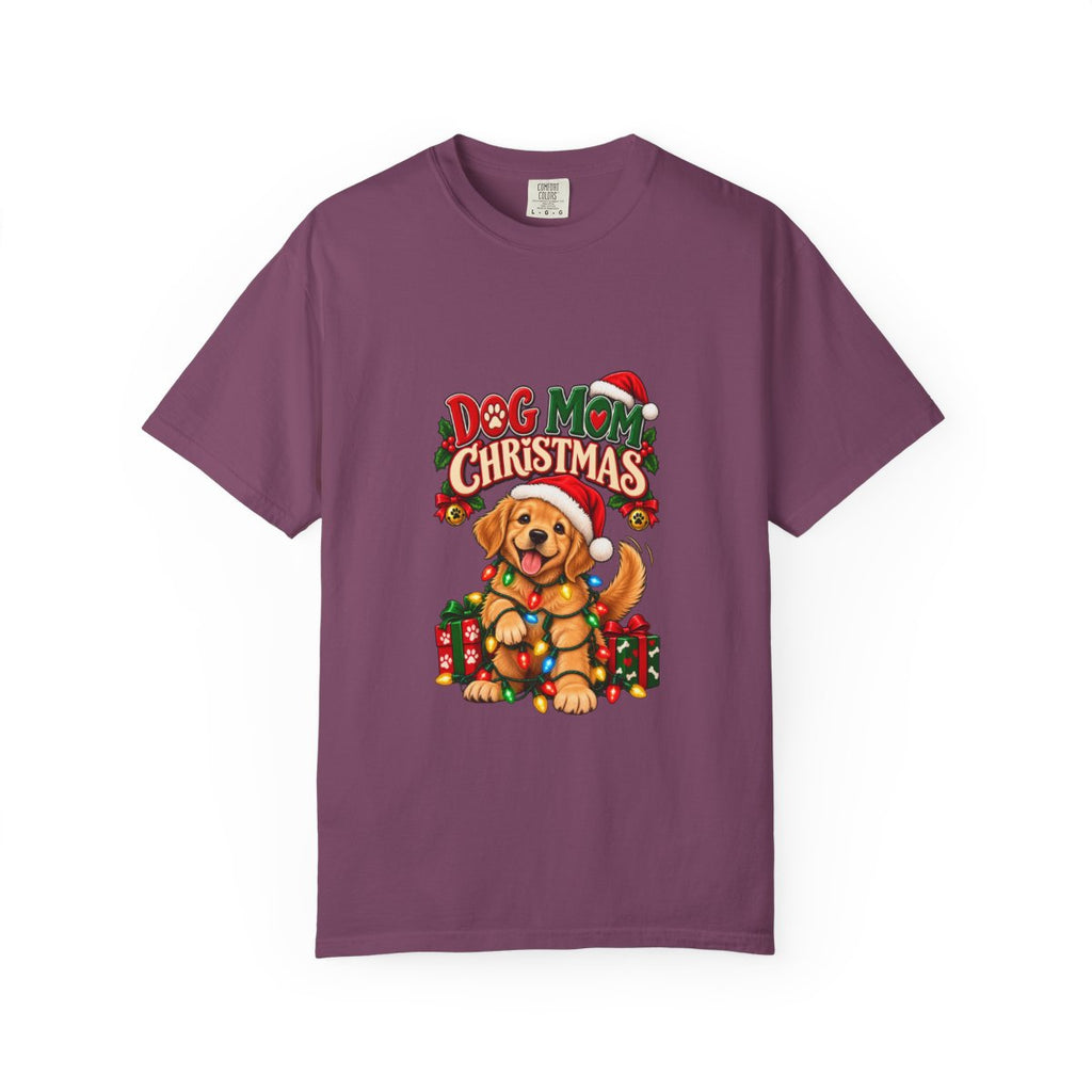 Dog Mom Christmas T-Shirt | Golden Retriever with Lights and Gifts