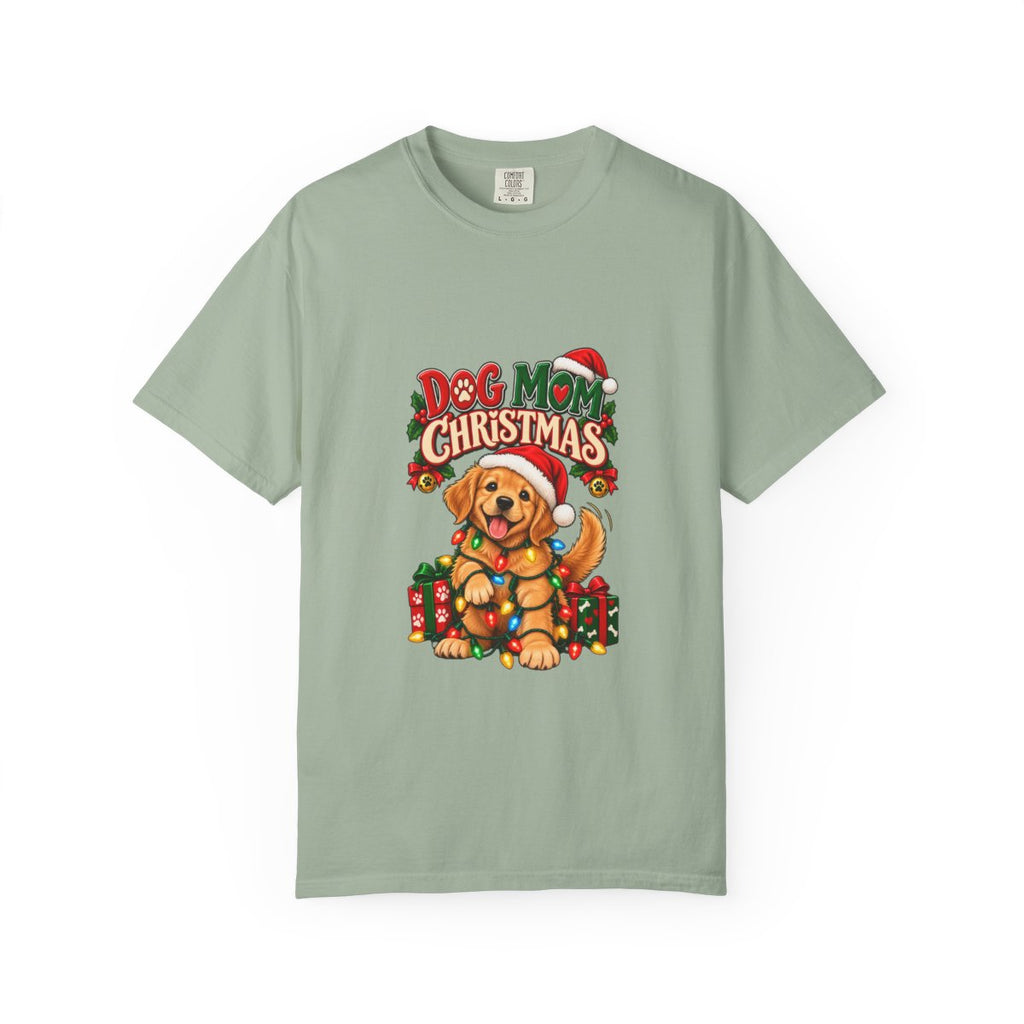 Dog Mom Christmas T-Shirt | Golden Retriever with Lights and Gifts