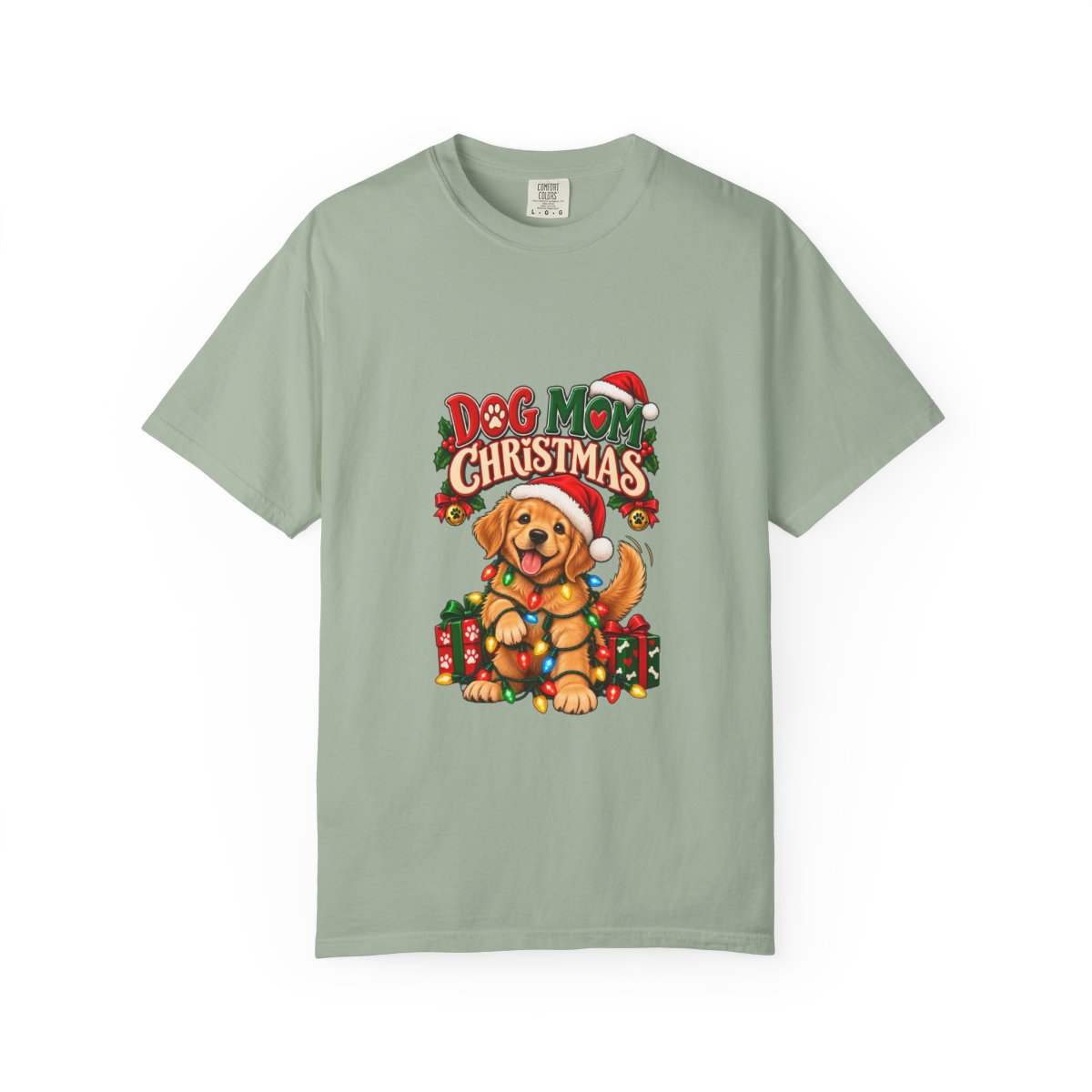 Dog Mom Christmas T-Shirt | Golden Retriever with Lights and Gifts