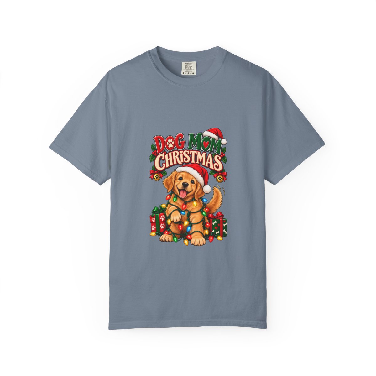 Dog Mom Christmas T-Shirt | Golden Retriever with Lights and Gifts