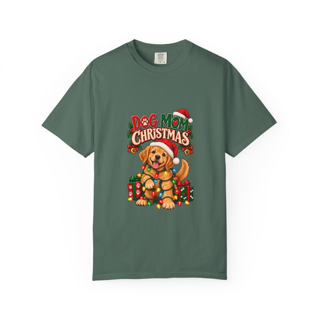 Dog Mom Christmas T-Shirt | Golden Retriever with Lights and Gifts
