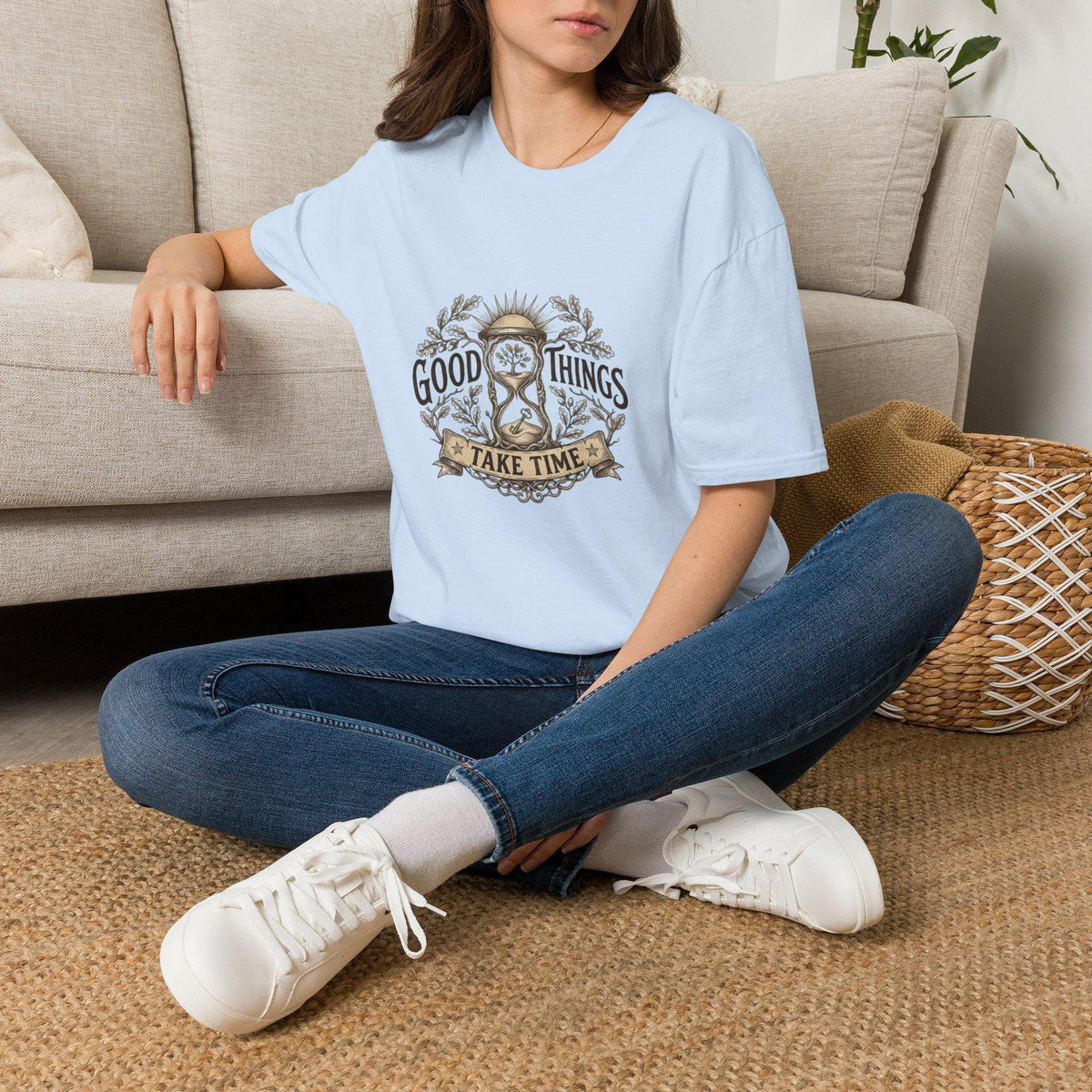 Good Things Take Time T-Shirt | Hourglass Floral Illustration