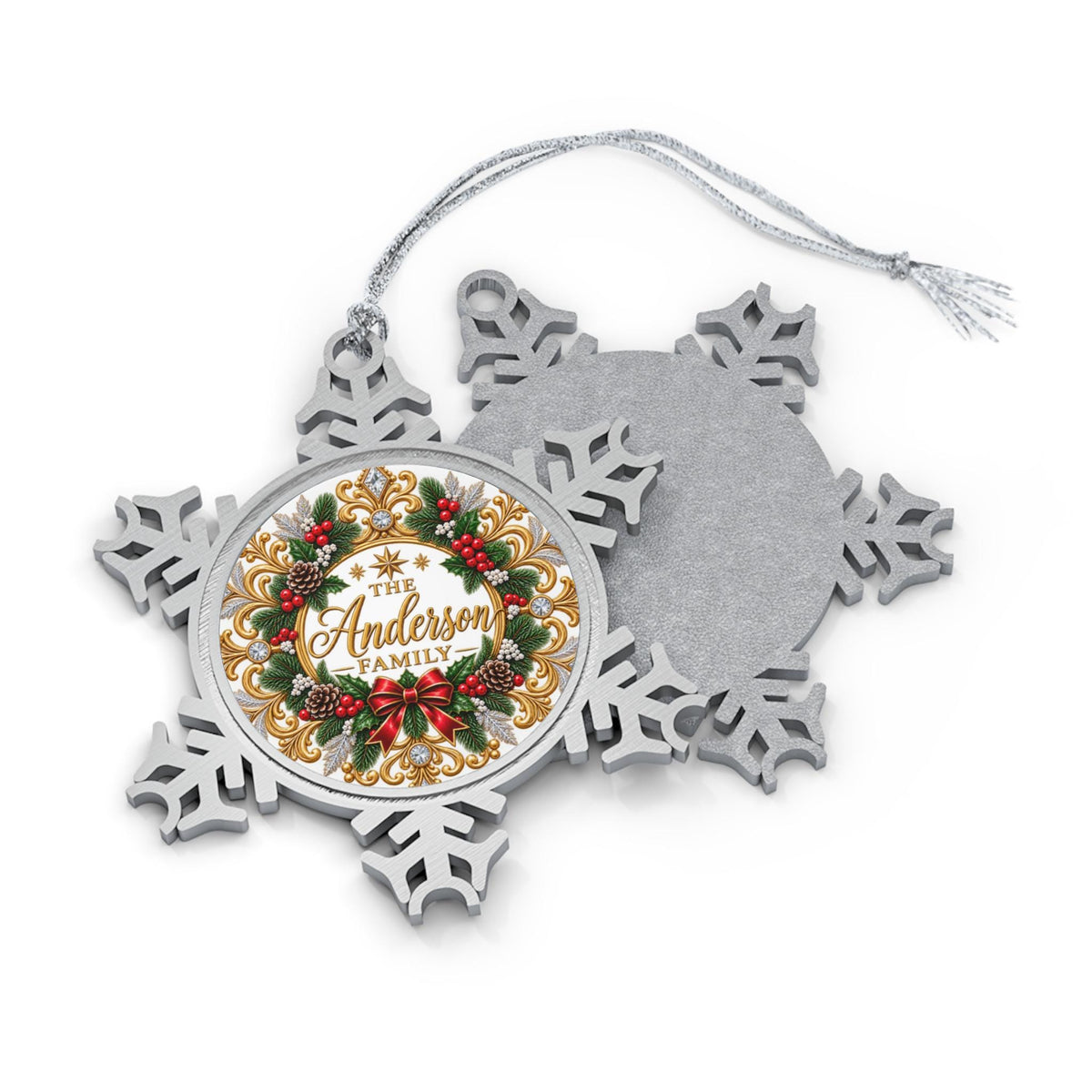 Wreath Family Name Snowflake Ornament | Pewter Holiday Decoration
