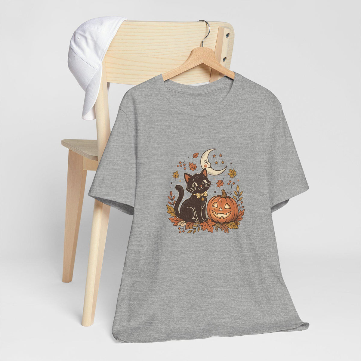 Black Cat with Jack-o'-Lantern T-Shirt | Halloween Pumpkin Moon Design