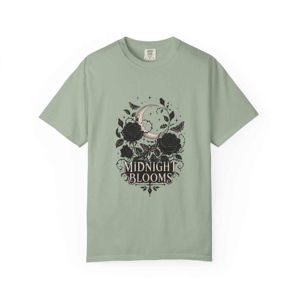 Midnight Blooms Moon Floral T-shirt | Gothic Rose Illustration