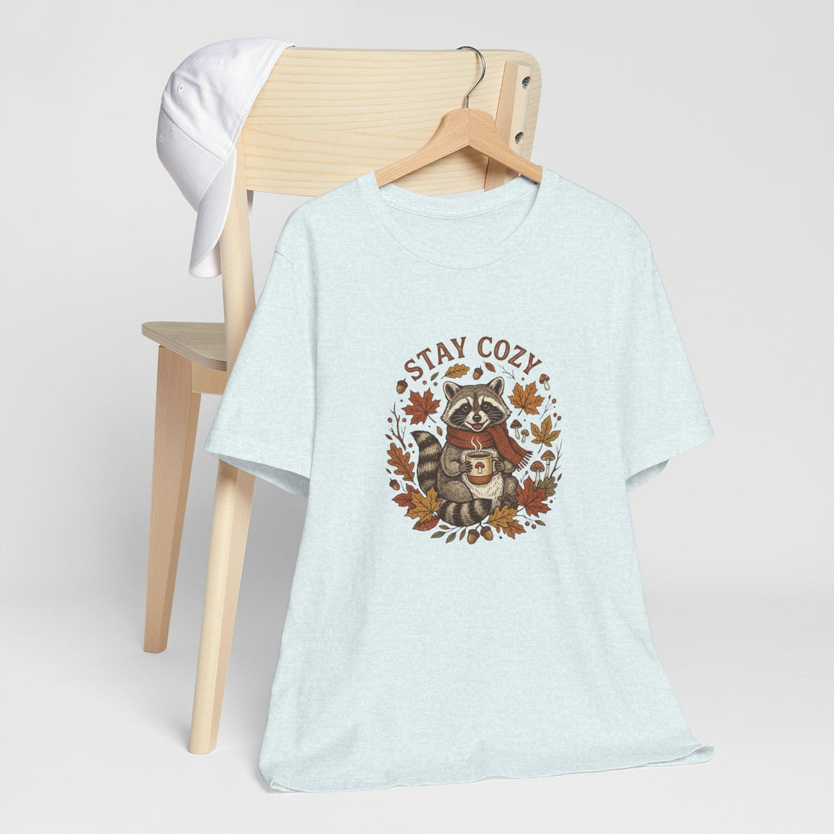 Stay Cozy Raccoon with Coffee Tee | Autumn Leaves Fall Shirt