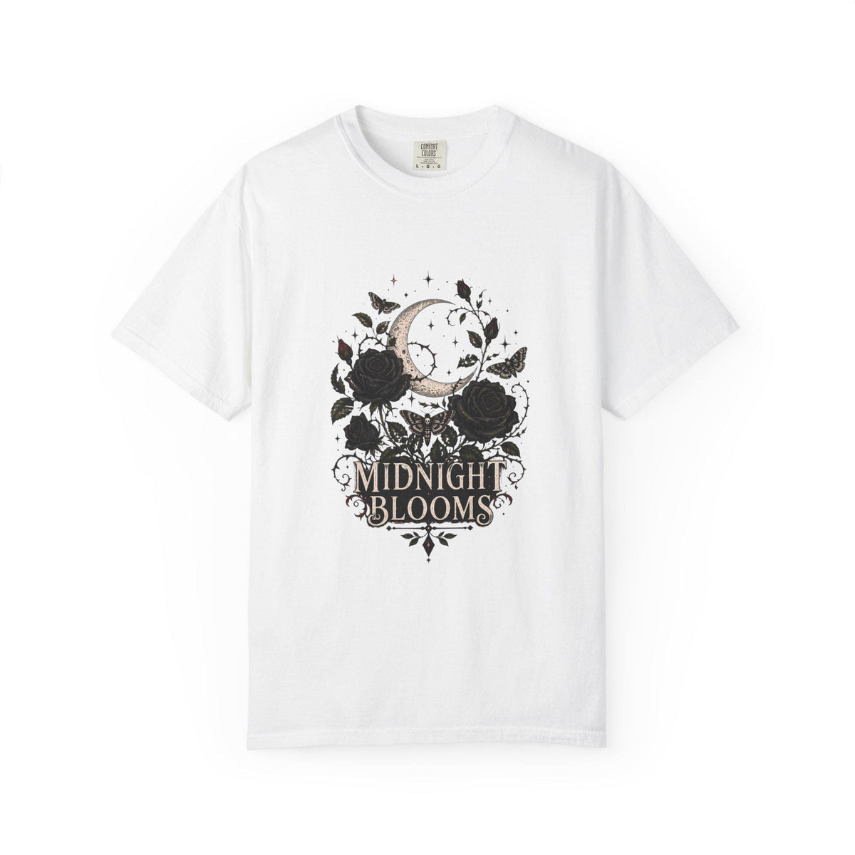 Midnight Blooms Moon Floral T-shirt | Gothic Rose Illustration
