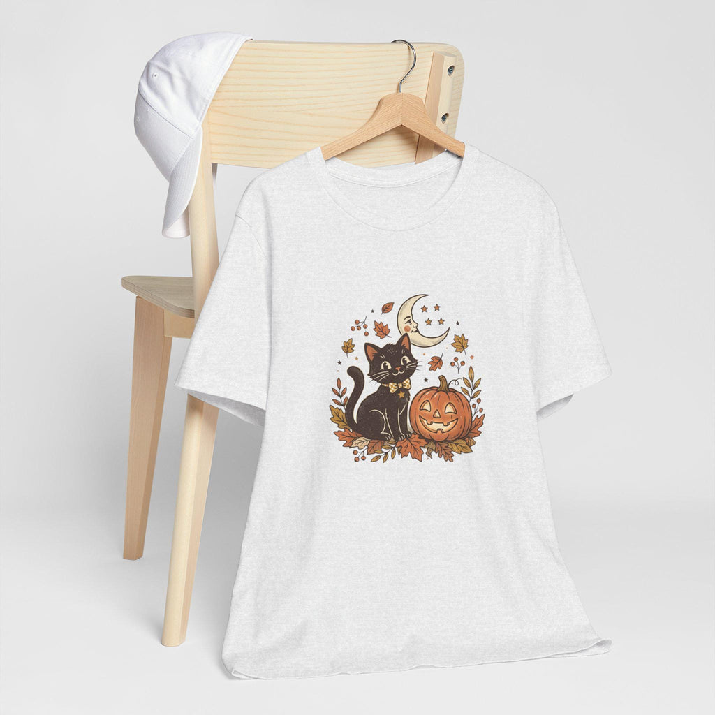 Black Cat with Jack-o'-Lantern T-Shirt | Halloween Pumpkin Moon Design