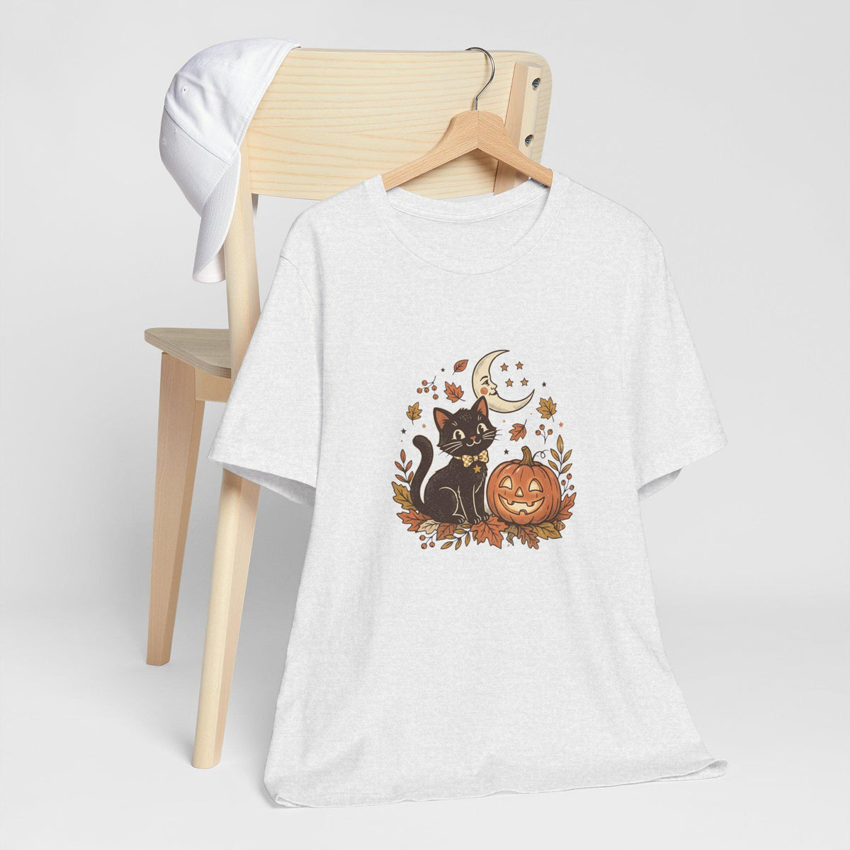 Black Cat with Jack-o'-Lantern T-Shirt | Halloween Pumpkin Moon Design