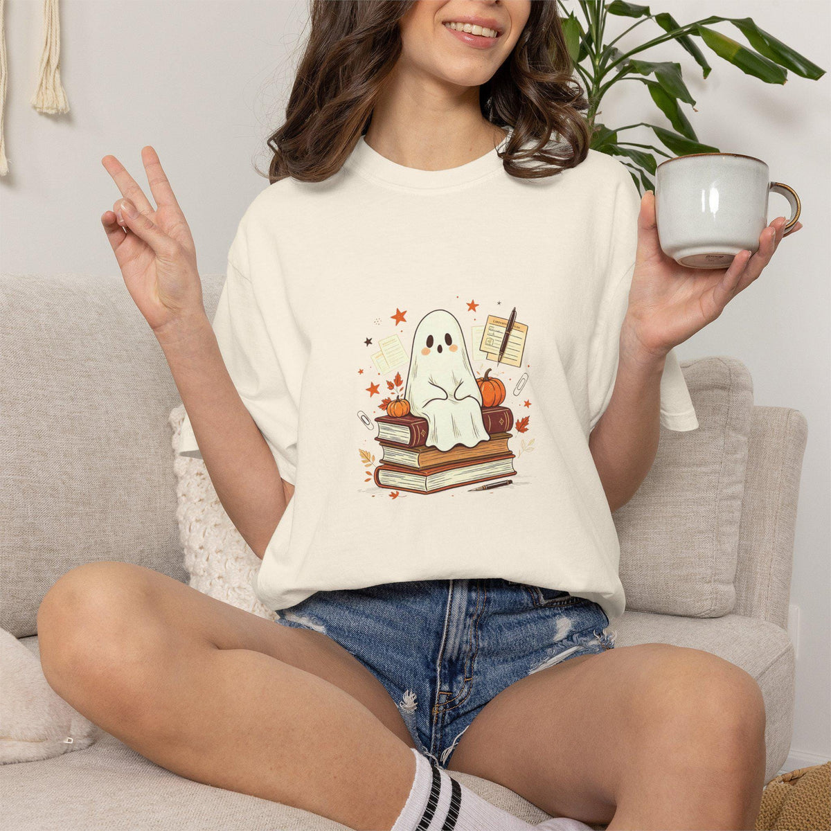 Cute Reading Ghost T-shirt | Ghost on Books, Autumn Leaves, Notebook
