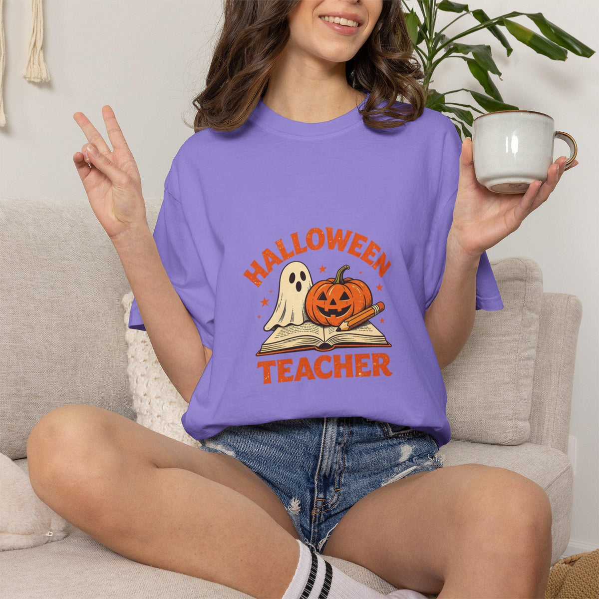 Halloween Teacher T-shirt | Ghost and Jack-o'-Lantern Book Illustration