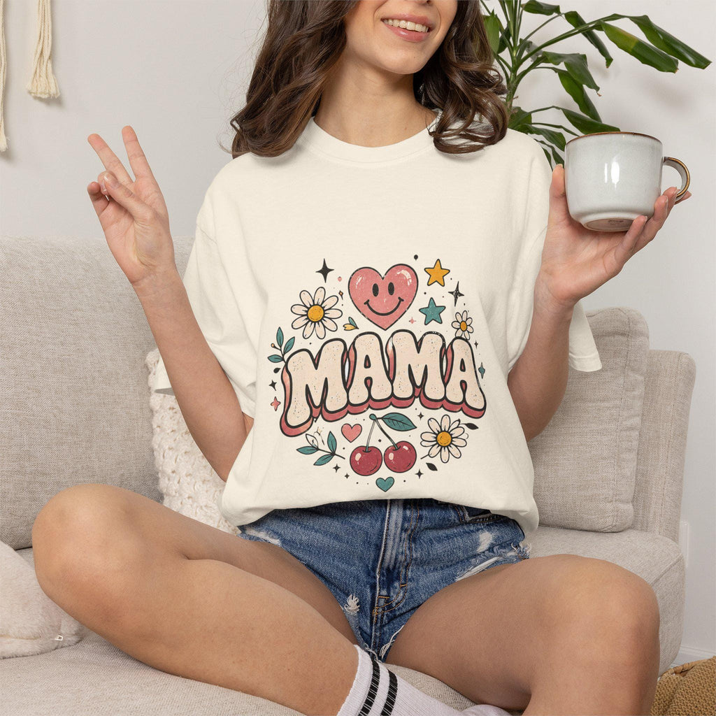 Mama Retro Floral Heart Cherry T-Shirt | Mom Typography Tee