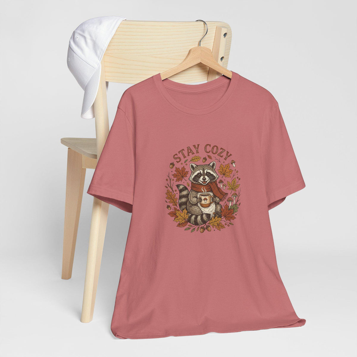 Stay Cozy Raccoon with Coffee Tee | Autumn Leaves Fall Shirt