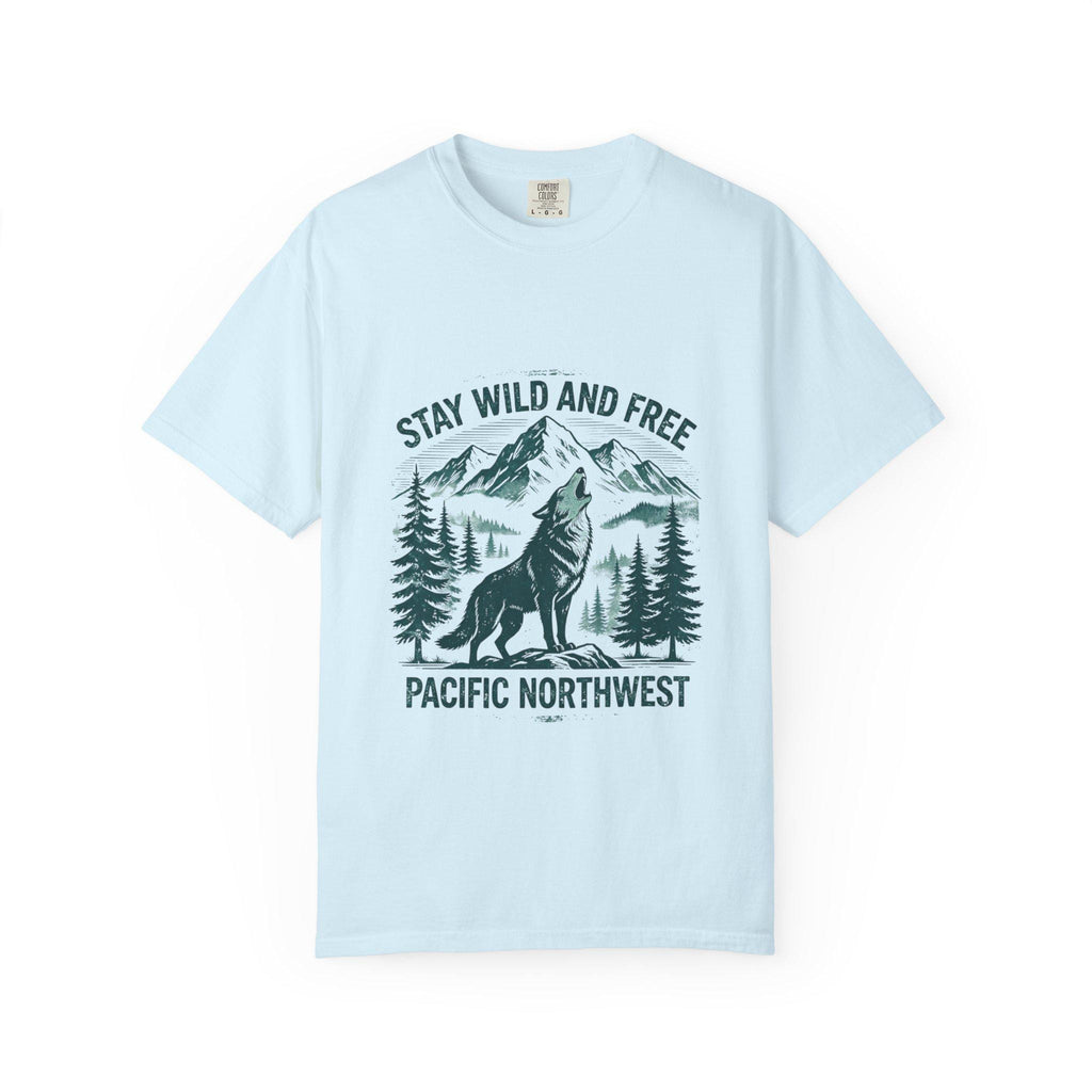 Stay Wild and Free Wolf Pacific Northwest T-Shirt | Mountain Camping Tee | Nature Lover Gift | Hiking Adventure Shirt | Wildlife Outdoor