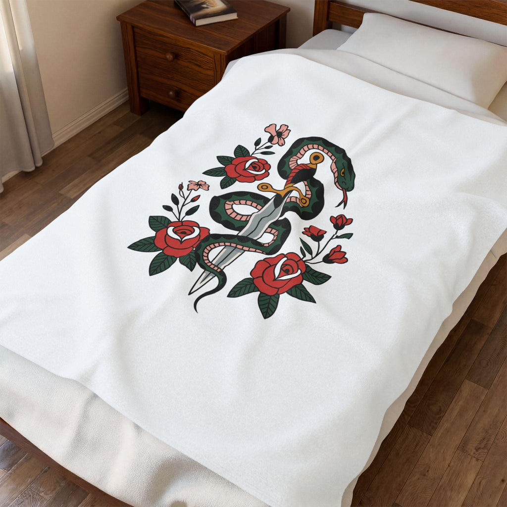 Snake and Dagger with Roses Velveteen Plush Blanket | Tattoo Style Floral Throw
