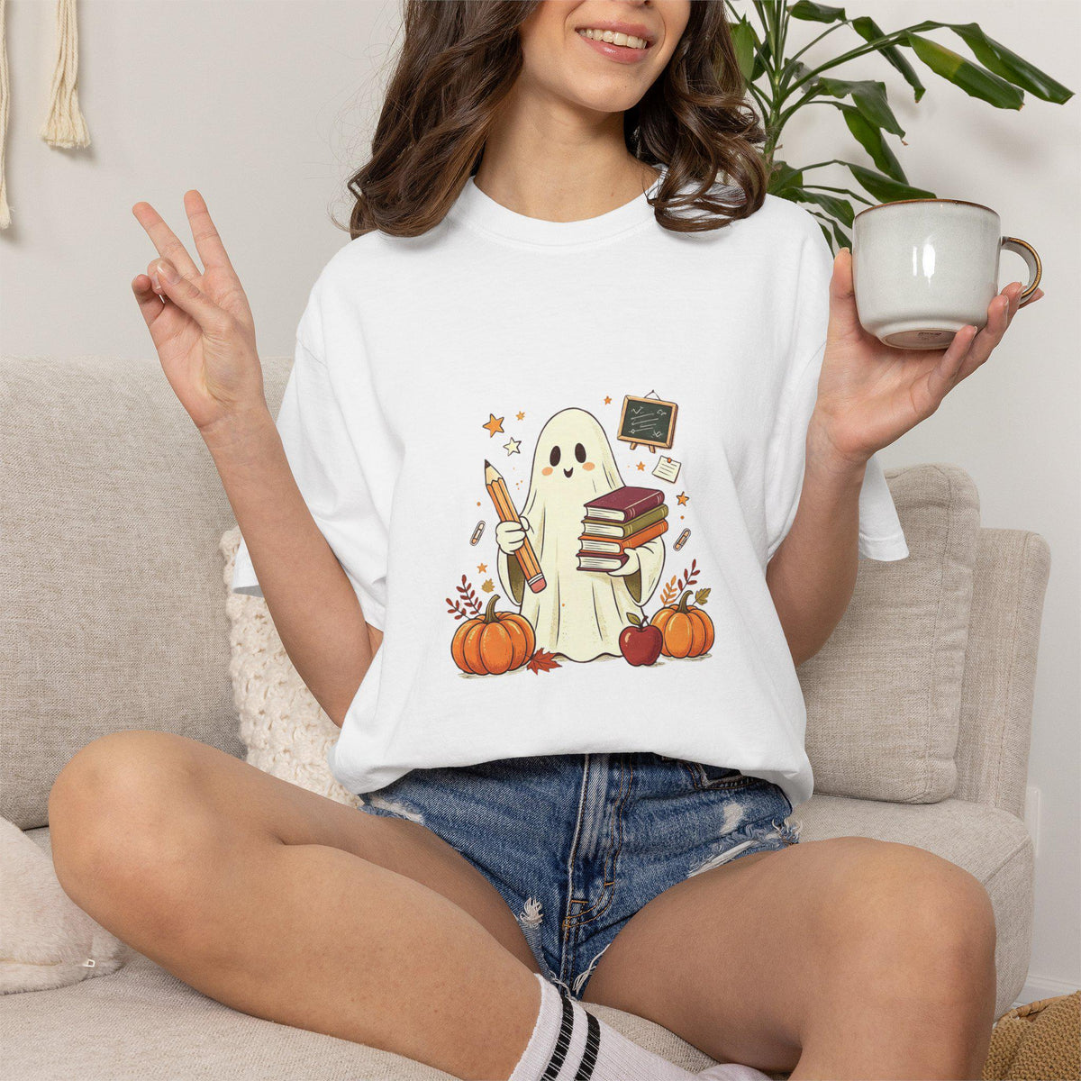 Cute Ghost with Books and Pumpkins T-shirt | Halloween Reading Shirt