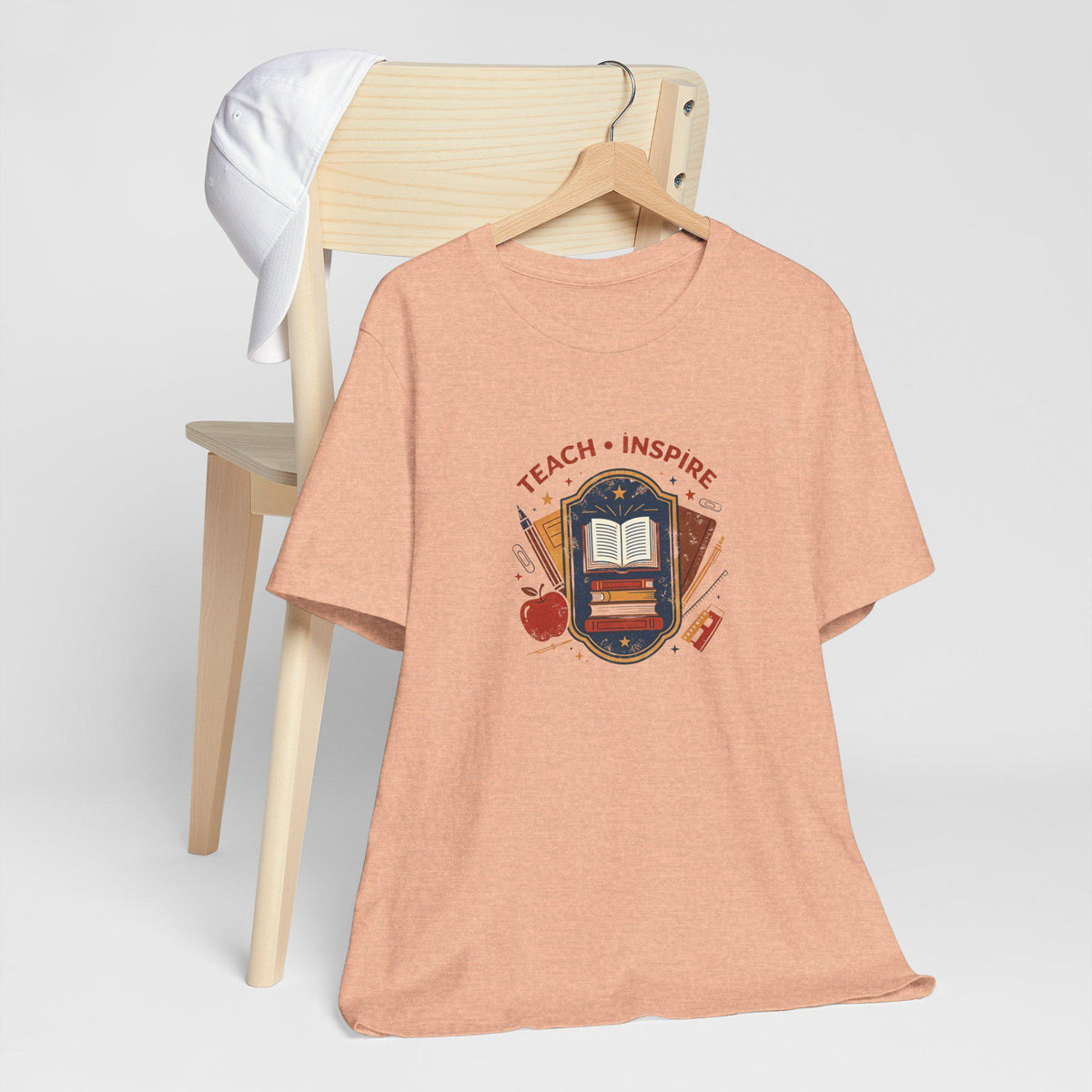 Teach Inspire Badge Tee | Teacher Book Apple Pencil Illustration