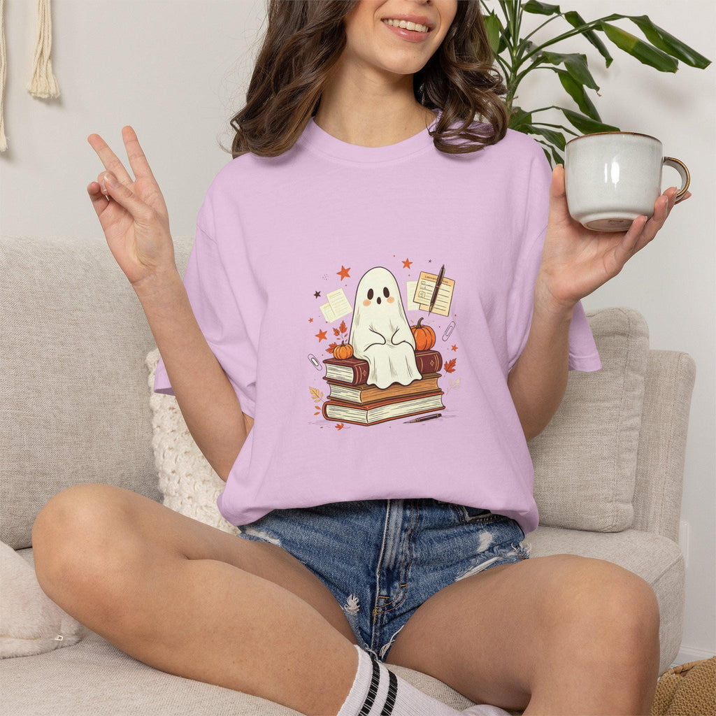 Cute Reading Ghost T-shirt | Ghost on Books, Autumn Leaves, Notebook