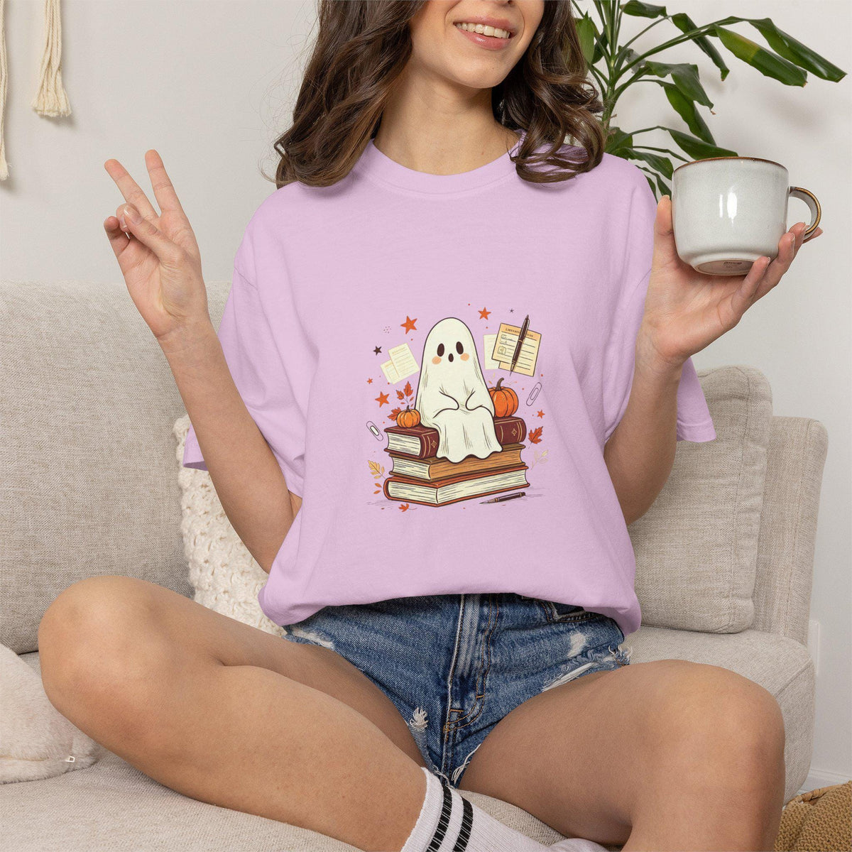 Cute Reading Ghost T-shirt | Ghost on Books, Autumn Leaves, Notebook