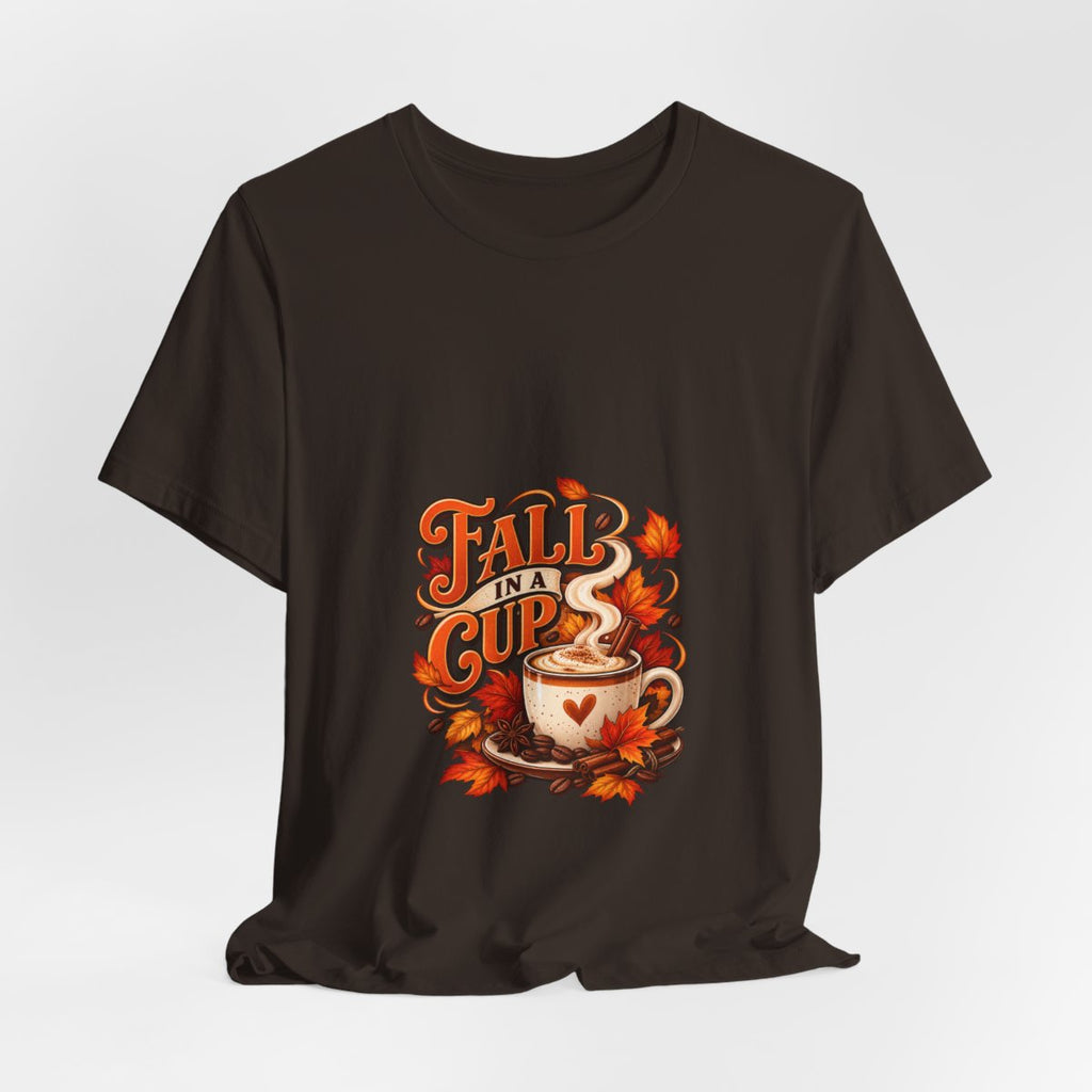 Fall in a Cup Tee | Autumn Coffee Cup, Leaves, Cozy Fall Design