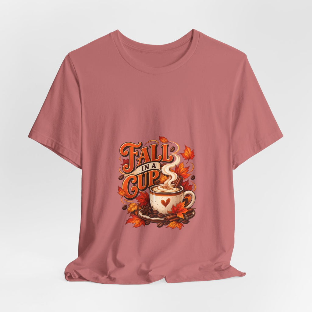 Fall in a Cup Tee | Autumn Coffee Cup, Leaves, Cozy Fall Design