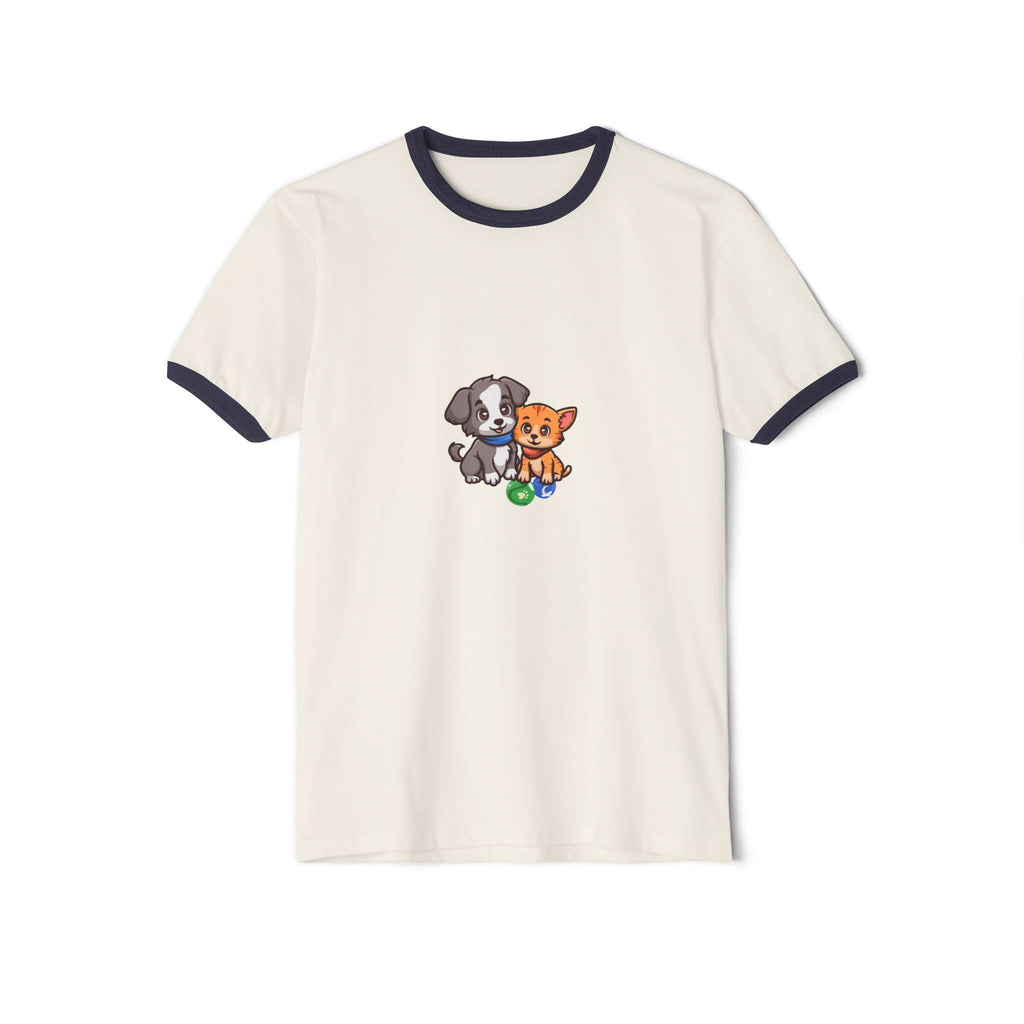 Cute Puppy and Kitten Illustration T-Shirt | Cartoon Pets, Playful Design