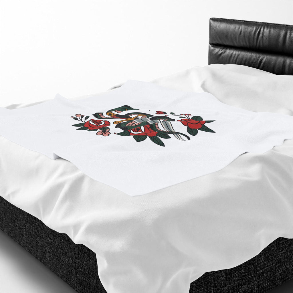 Snake and Dagger with Roses Velveteen Plush Blanket | Tattoo Style Floral Throw