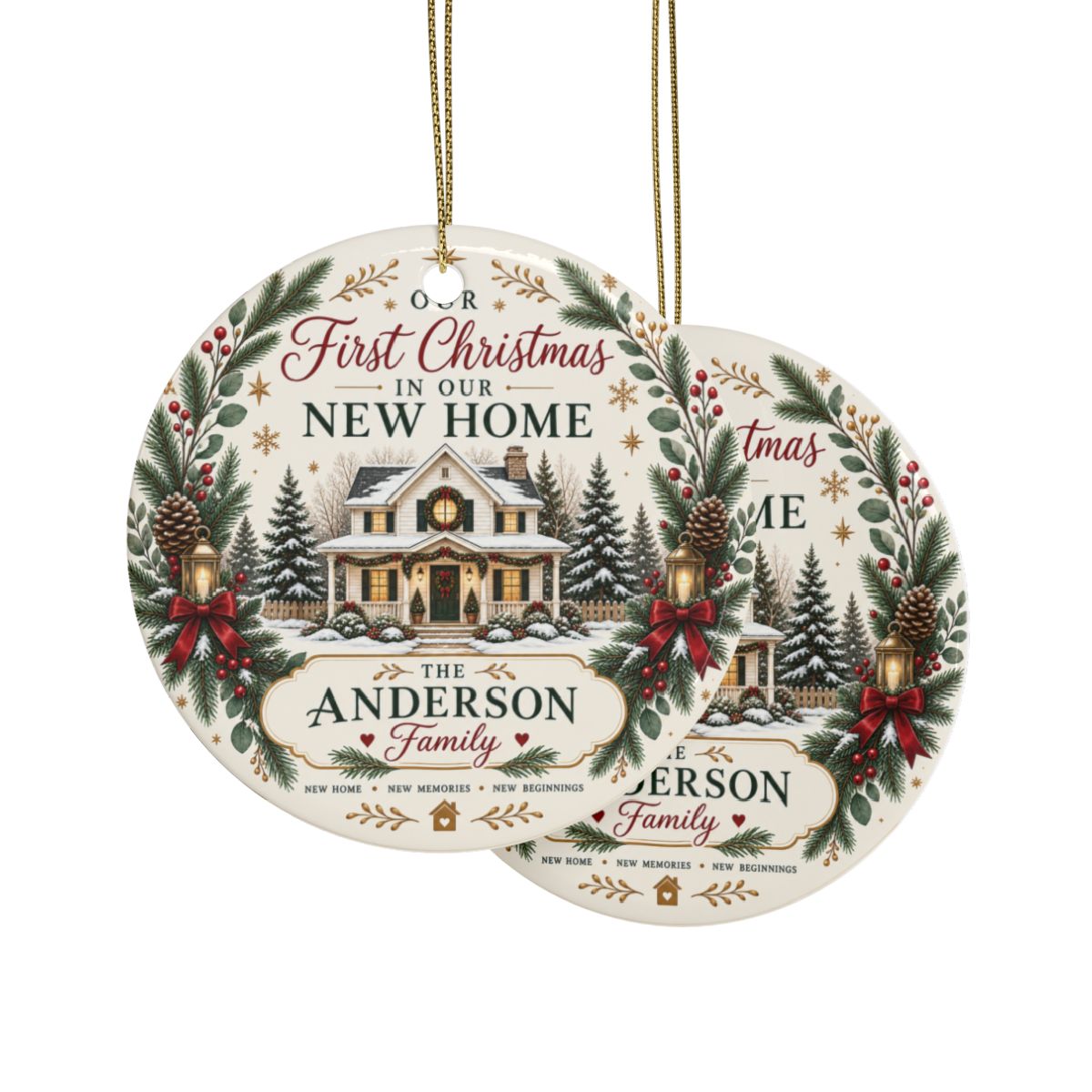 First Christmas in Our New Home Ceramic Ornament | Personalized Family Name