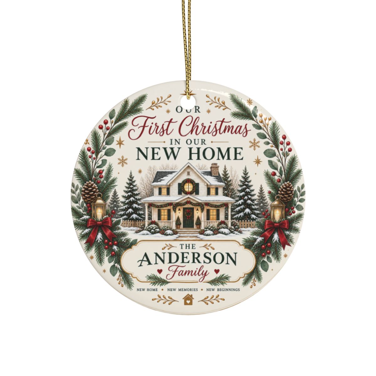 First Christmas in Our New Home Ceramic Ornament | Personalized Family Name