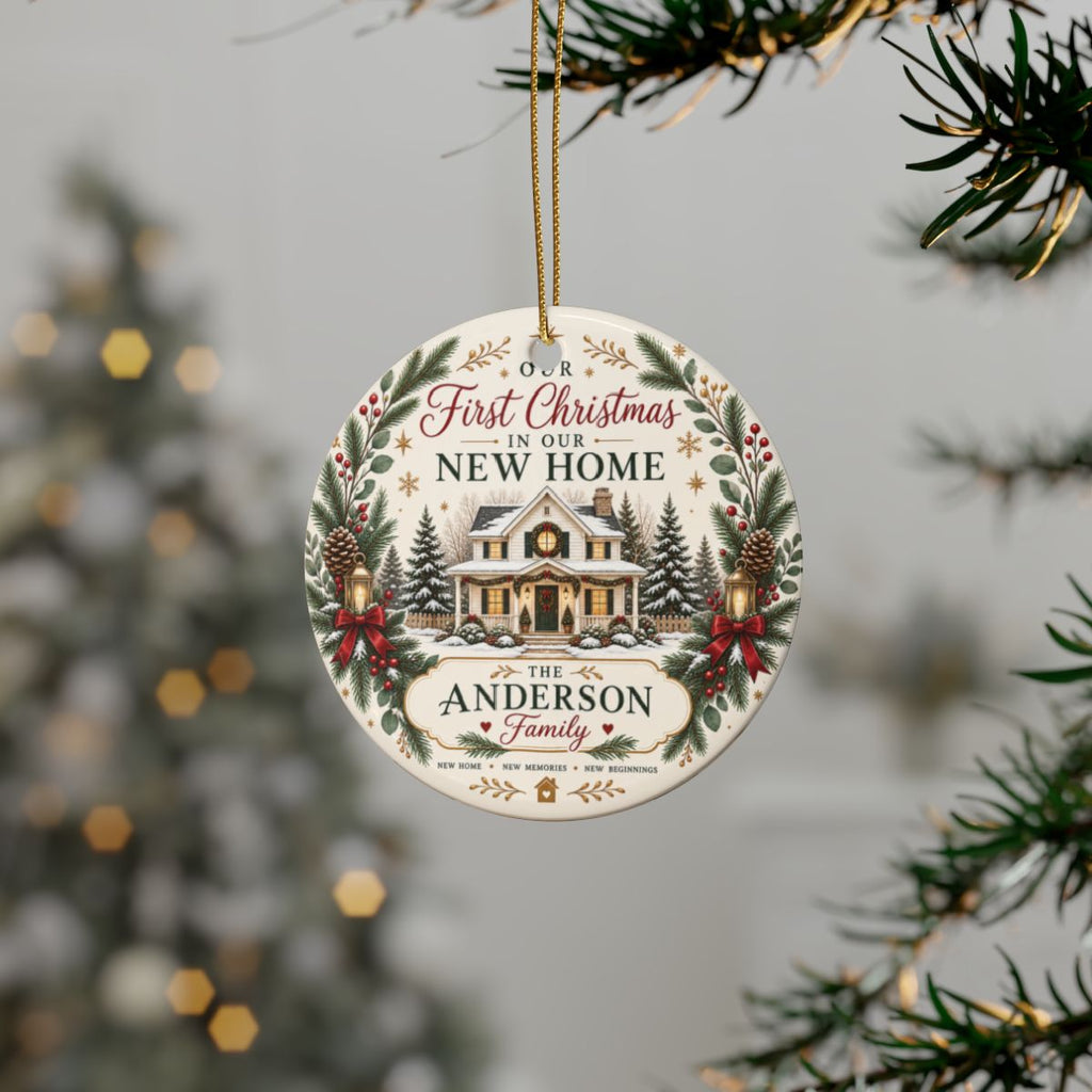 First Christmas in Our New Home Ceramic Ornament | Personalized Family Name
