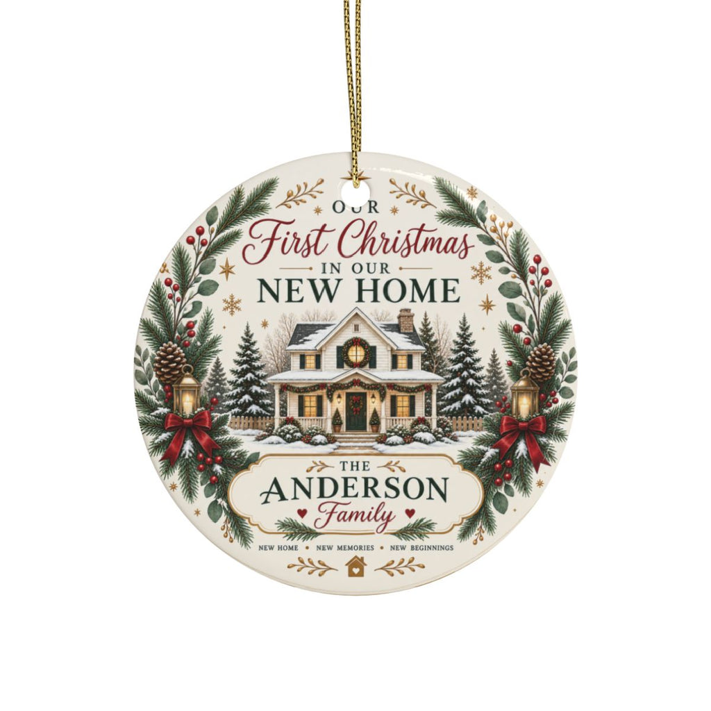 First Christmas in Our New Home Ceramic Ornament | Personalized Family Name