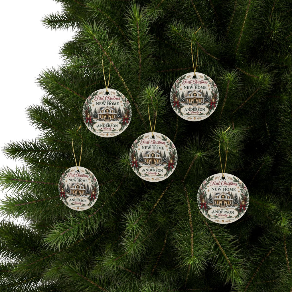First Christmas in Our New Home Ceramic Ornament | Personalized Family Name