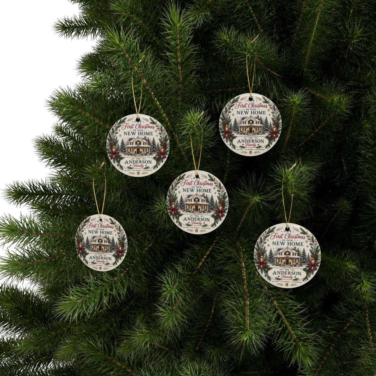 First Christmas in Our New Home Ceramic Ornament | Personalized Family Name