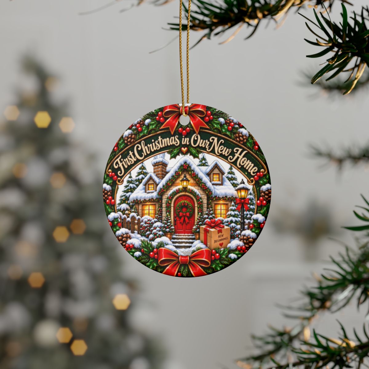 First Christmas in Our New Home Ceramic Ornament | Round Christmas House Decoration