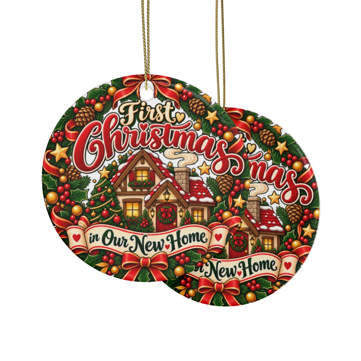 First Christmas in Our New Home Ceramic Ornament | Round Holiday Decoration