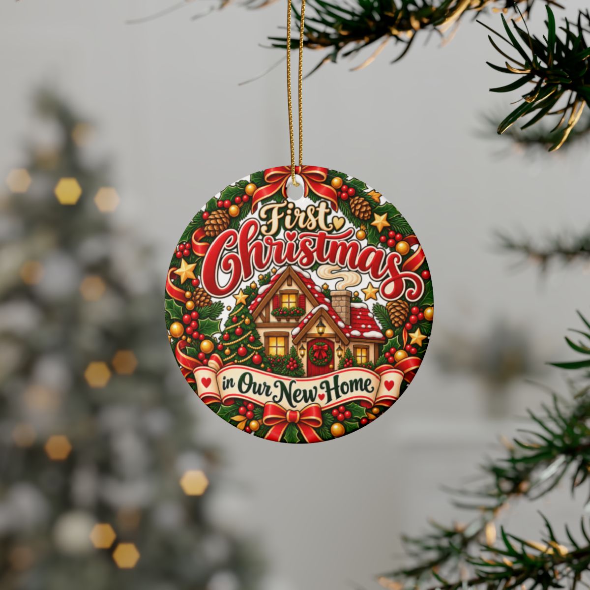 First Christmas in Our New Home Ceramic Ornament | Round Holiday Decoration