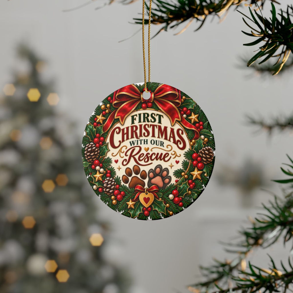 First Christmas with Our Rescue Ceramic Ornament | Pet Rescue Paw Print