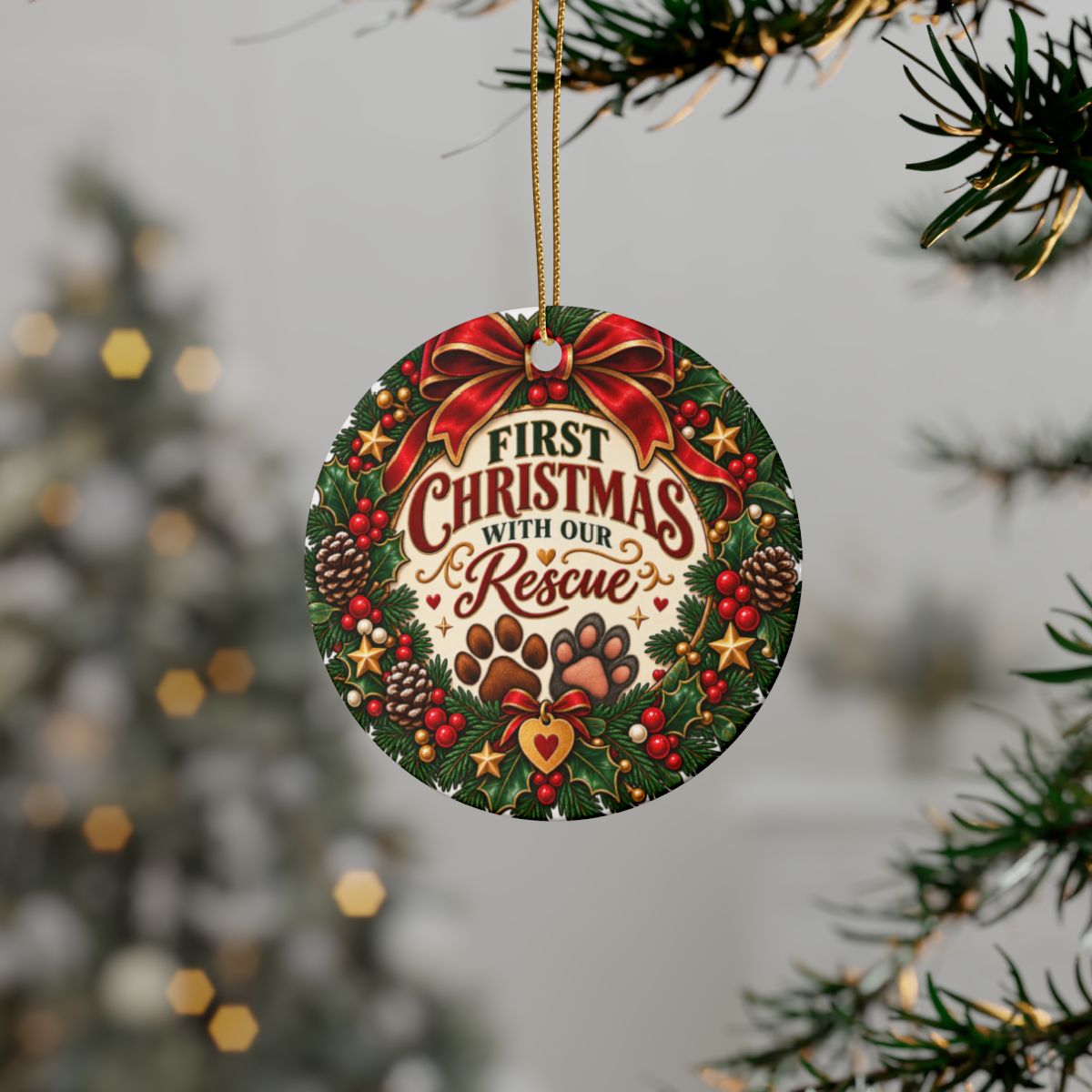 First Christmas with Our Rescue Ceramic Ornament | Pet Rescue Paw Print
