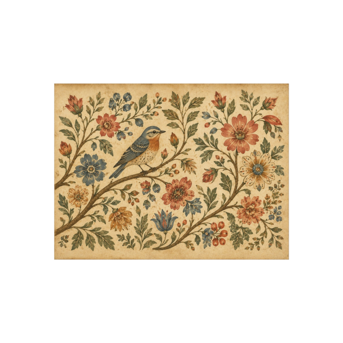 Folk Bird Floral Artwork Poster | Vintage Botanical Wall Art - 24″ x 18″ (Horizontal)