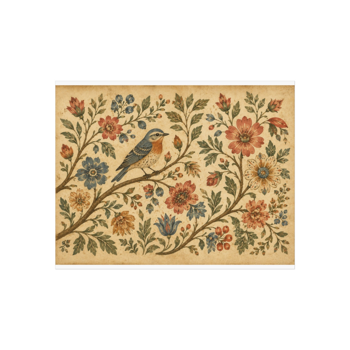 Folk Bird Floral Artwork Poster | Vintage Botanical Wall Art - 14″ x 11″ (Horizontal)