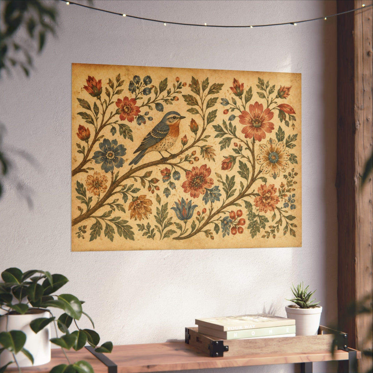 Folk Bird Floral Artwork Poster | Vintage Botanical Wall Art - 32" x 24" (Horizontal)