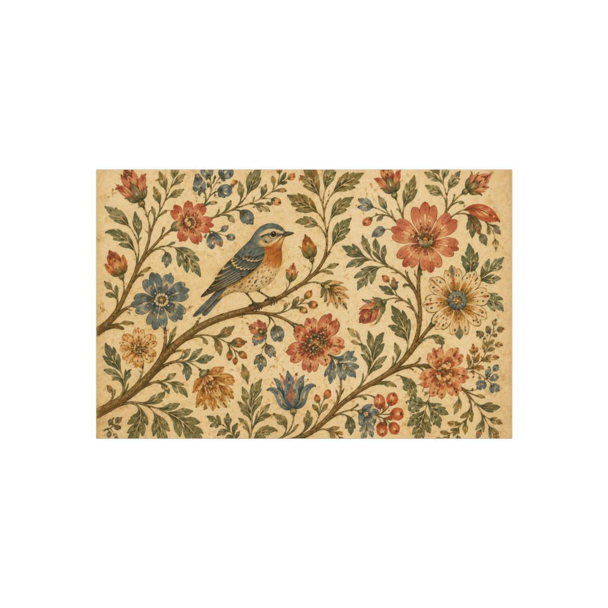 Folk Bird Floral Artwork Poster | Vintage Botanical Wall Art - 17″ x 11″ (Horizontal)