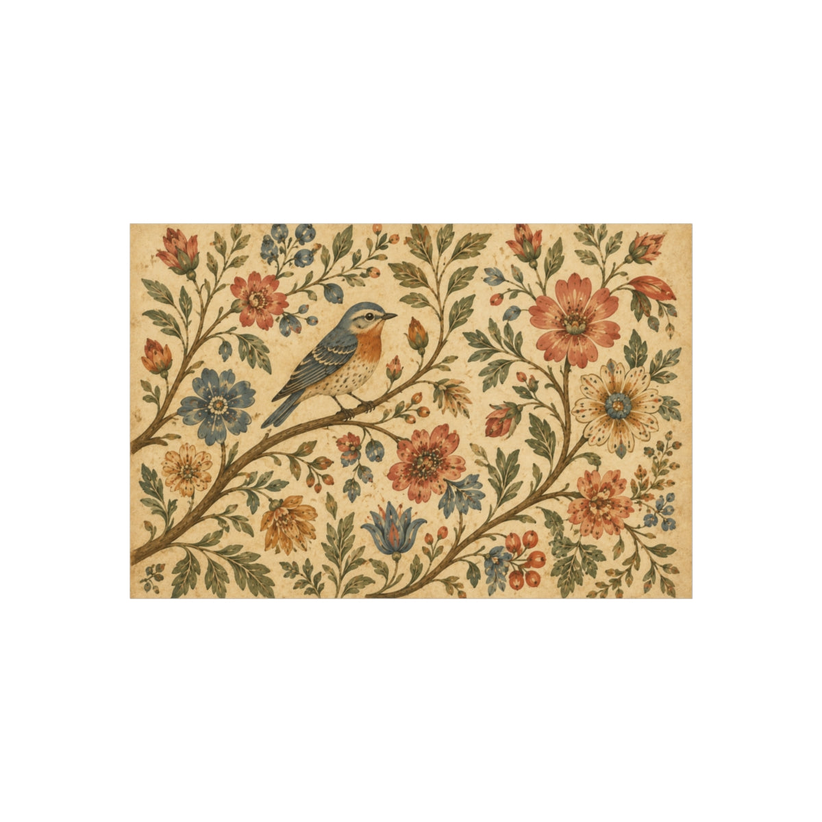 Folk Bird Floral Artwork Poster | Vintage Botanical Wall Art - 36" x 24" (Horizontal)