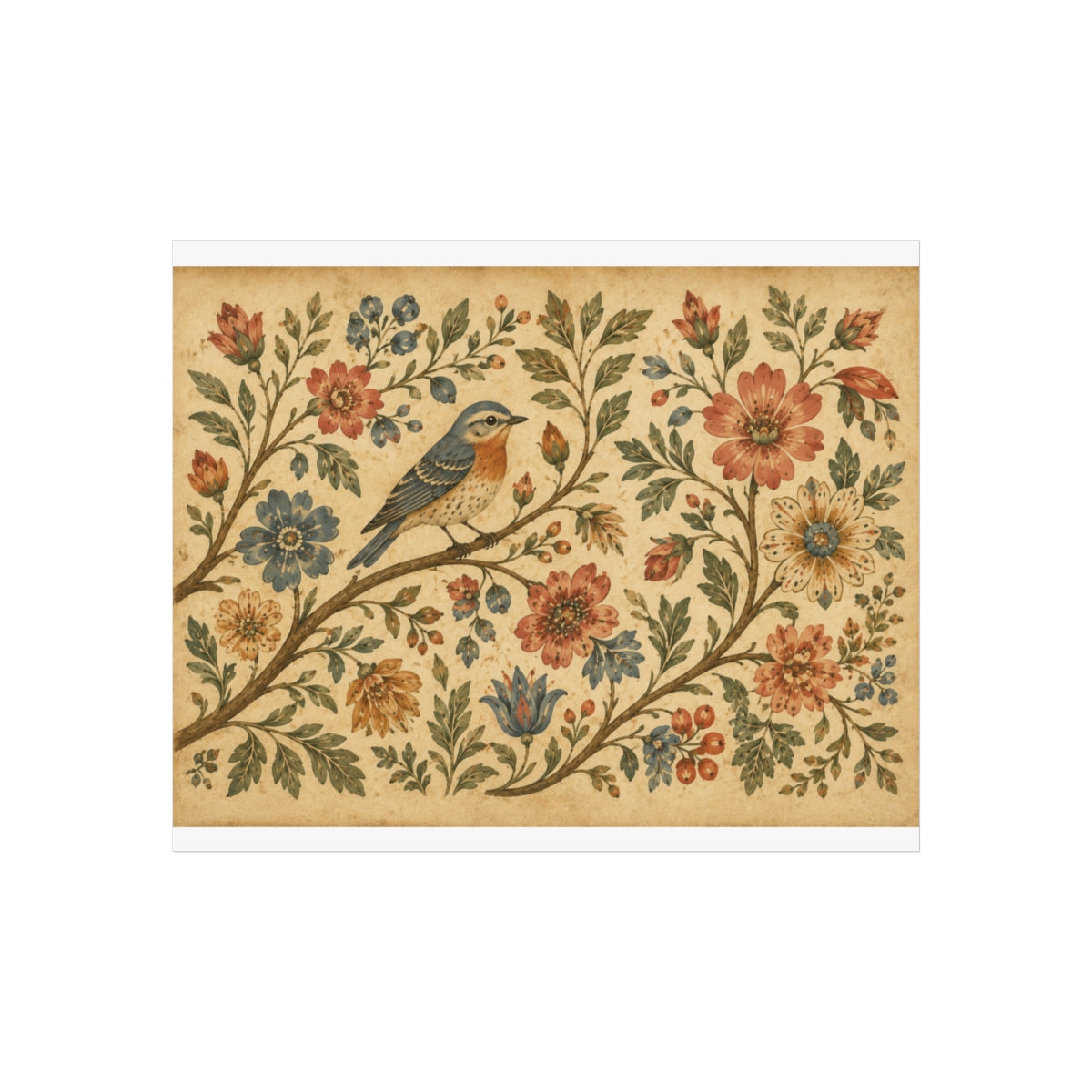Folk Bird Floral Artwork Poster | Vintage Botanical Wall Art - 11″ x 9″ (Horizontal)