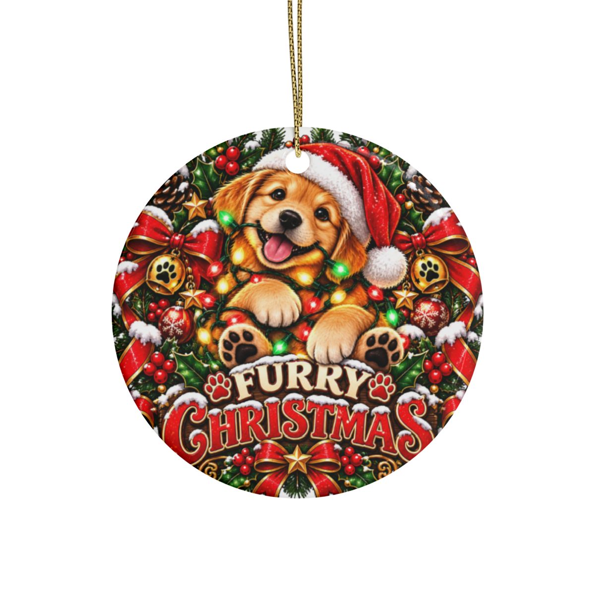 Furry Christmas Puppy Ornament | Golden Retriever Santa Hat Ceramic Keepsake, Dog Mom Pet Lover Holiday Gift