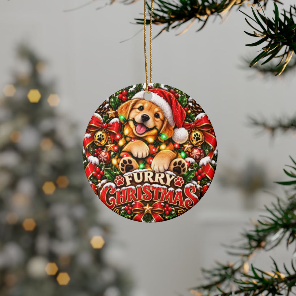 Furry Christmas Puppy Ornament | Golden Retriever Santa Hat Ceramic Keepsake, Dog Mom Pet Lover Holiday Gift