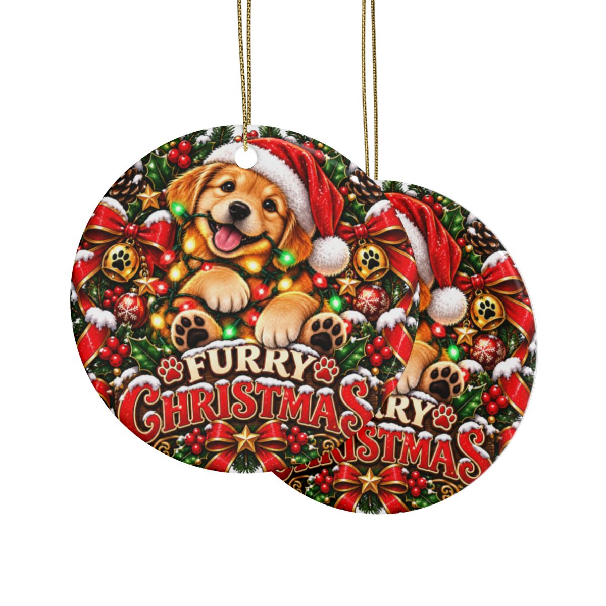 Furry Christmas Puppy Ornament | Golden Retriever Santa Hat Ceramic Keepsake, Dog Mom Pet Lover Holiday Gift
